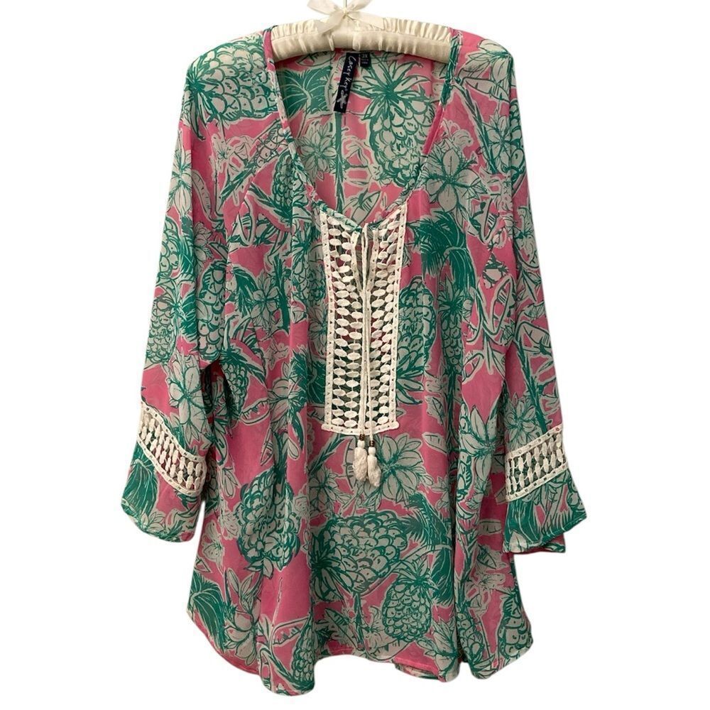 Casey Key Vibrant Pink and Green Blouse Tunic with Lace Details Size 3X